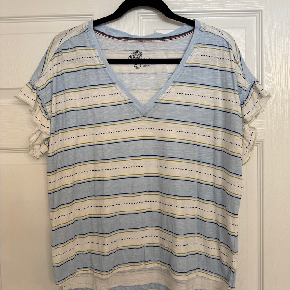 Pilcro Light Blue and White Striped Ruffle Sleeve Tee